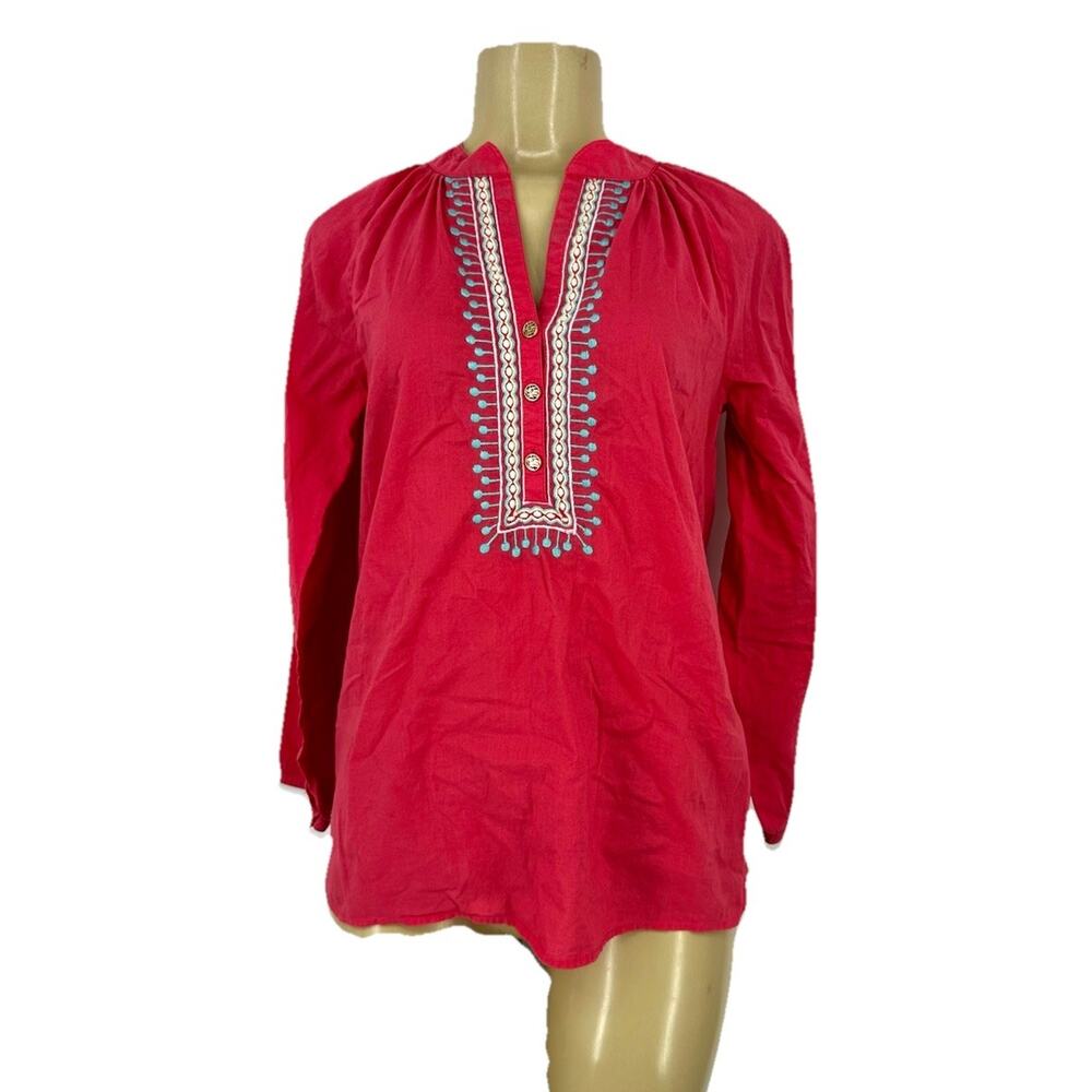 Lilly Pulitzer XS Embroidered Elsa Cotton Long Sleeve Blouse Top Henley Q8v